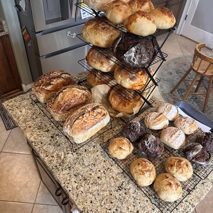 A full cooling rack of assorted sourdough loaves.